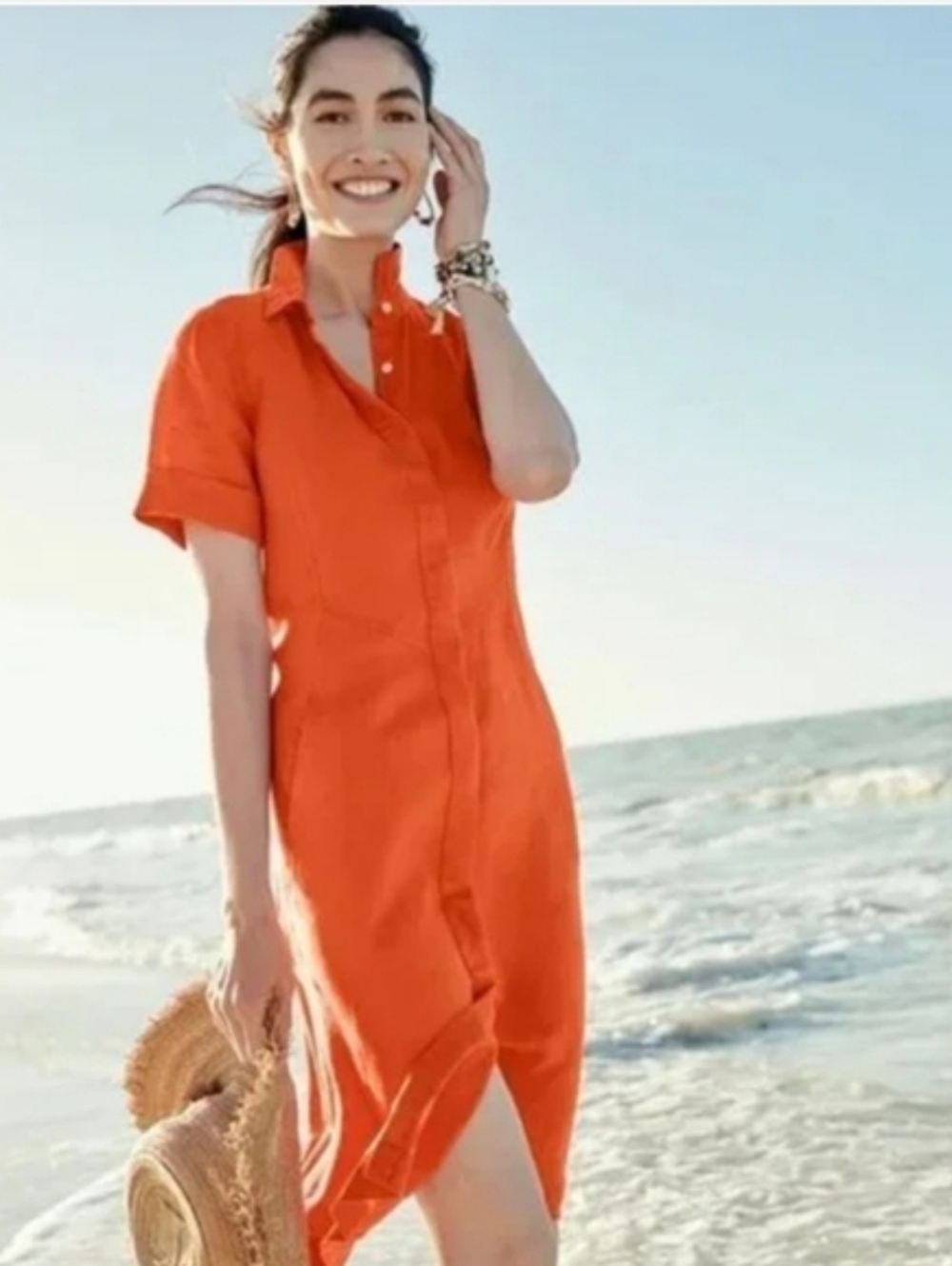 J. Jill Love Linen ✨️ Women's Zinnea Orange Linen Midi Dress Size L